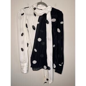 1980s Jean for Joseph Le Bon Black White Chiffon Polka Dot Neck Scarf Shirt L